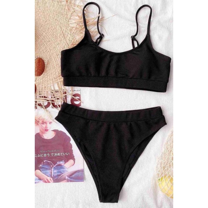 Angelsin Yüksek Bel Fitilli Kumaş Tankini Bikini Takım Siyah Ms4371