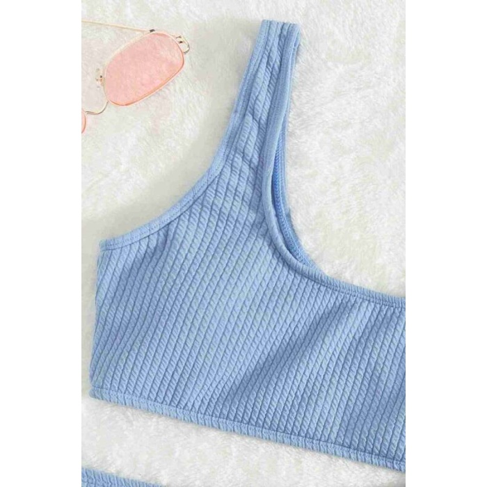 Angelsin Özel Fitilli Kumaş Yüksek Bel Tankini Bikini Takım Mavi Ms4169