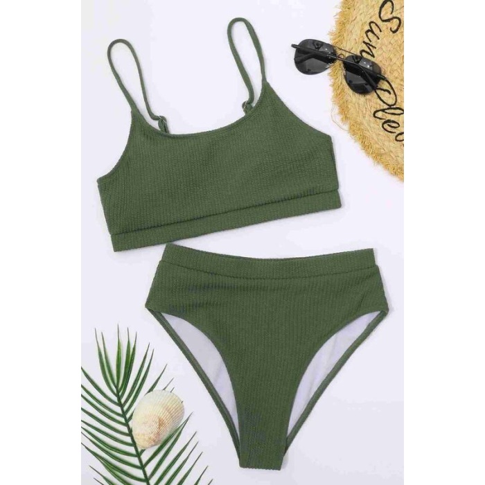 Angelsin Yüksek Bel Özel Kumaş Tankini Bikini Takım Yeşil Ms4174