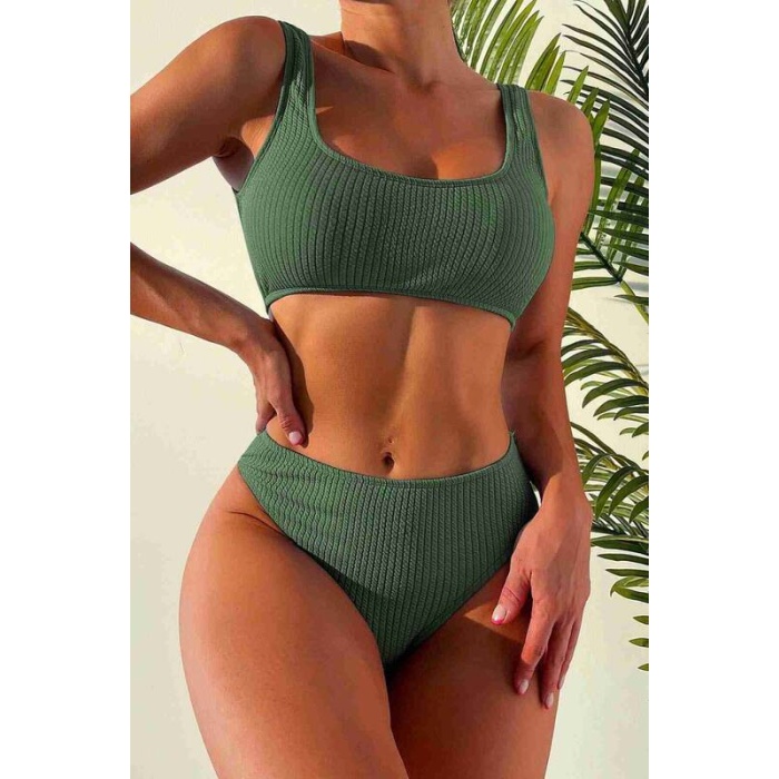 Angelsin Özel Fitilli Kumaş Yüksek Bel Tankini Bikini Takım Yeşil Ms4169