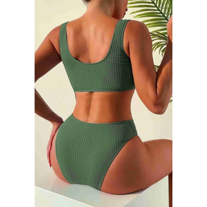 Angelsin Özel Fitilli Kumaş Yüksek Bel Tankini Bikini Takım Yeşil Ms4169