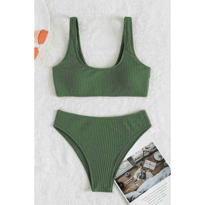 Angelsin Özel Fitilli Kumaş Yüksek Bel Tankini Bikini Takım Yeşil Ms4169