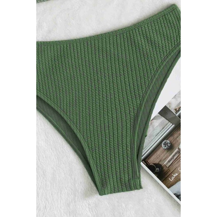 Angelsin Özel Fitilli Kumaş Yüksek Bel Tankini Bikini Takım Yeşil Ms4169