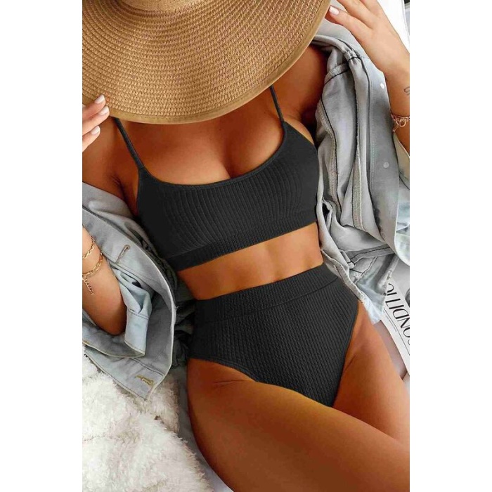 Angelsin Yüksek Bel Özel Kumaş Tankini Bikini Takım Siyah Ms4174