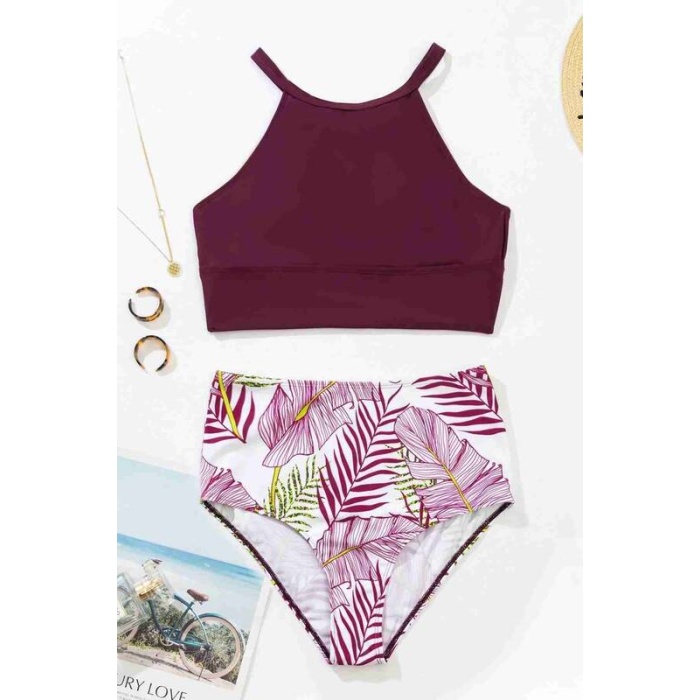 Angelsin Yüksek Bel Baskılı Tankini Bikini Takım Bordo-ms4323