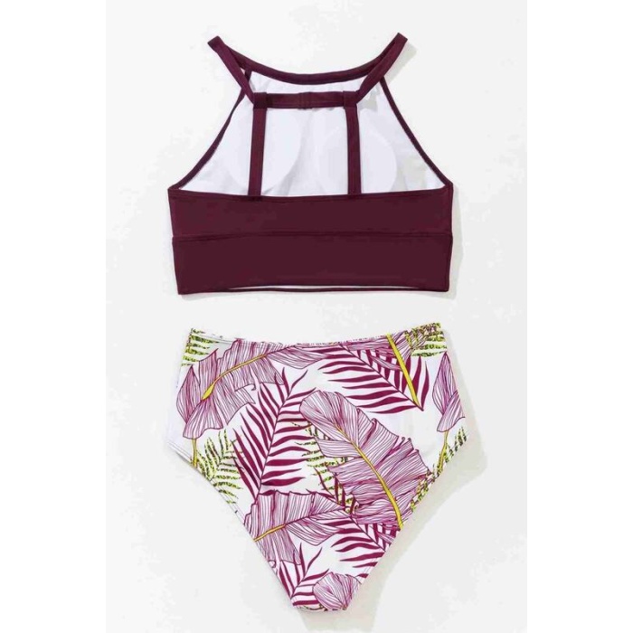 Angelsin Yüksek Bel Baskılı Tankini Bikini Takım Bordo-ms4323