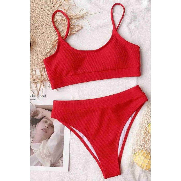 Angelsin Yüksek Bel Fitilli Kumaş Tankini Bikini Takım Kırmızı-ms4371