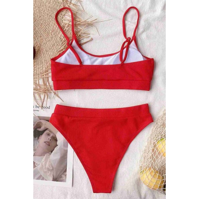 Angelsin Yüksek Bel Fitilli Kumaş Tankini Bikini Takım Kırmızı-ms4371