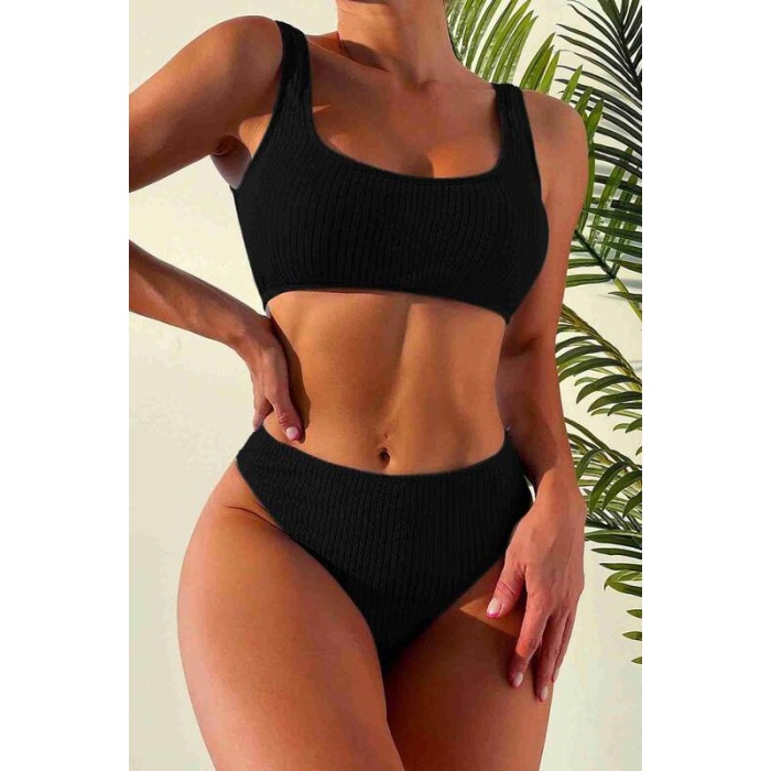 Angelsin Özel Fitilli Kumaş Yüksek Bel Tankini Bikini Takım Siyah-ms4169