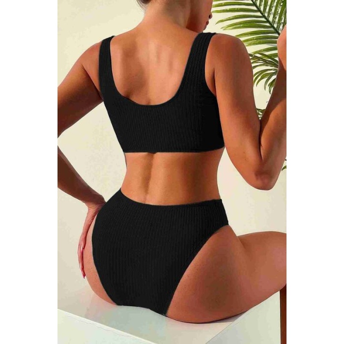 Angelsin Özel Fitilli Kumaş Yüksek Bel Tankini Bikini Takım Siyah-ms4169