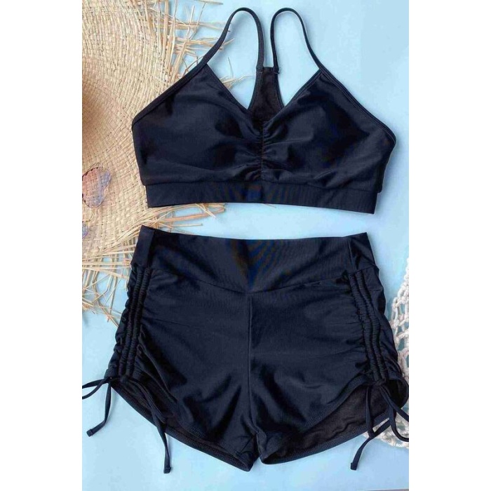 Angelsin Yanlardan Ayarlı Büzgülü Deniz Şortlu Tankini Bikini Takım Siyah-ms4330