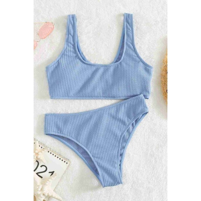 Angelsin Özel Fitilli Kumaş Yüksek Bel Tankini Bikini Takım Mavi Ms4169