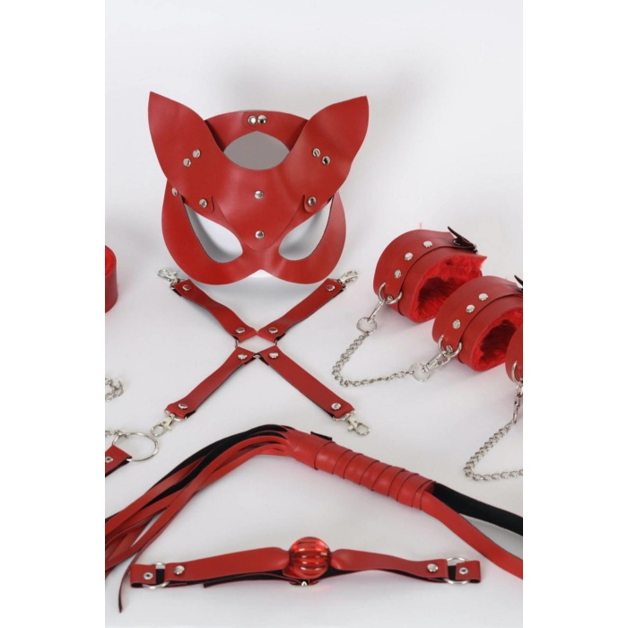 Kırmızı İçi Tüğlü Maske,kol,bacak,ağız Topu,kırbaç,tasma Set 700938