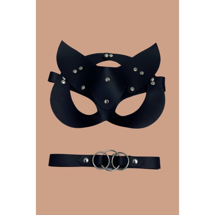 Siyah Harness Sexi Maske Ve Siyah Boyun Deri Aksesuarı 800250