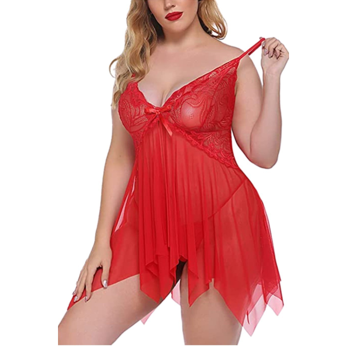 Beruflic Seksi Kırmızı Tül Dantel Babydoll Gecelik 15507