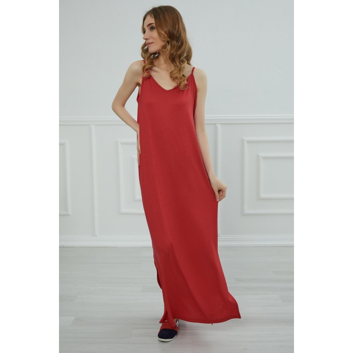 Askılı Uzun Elbise,elb-6 Kırmızı