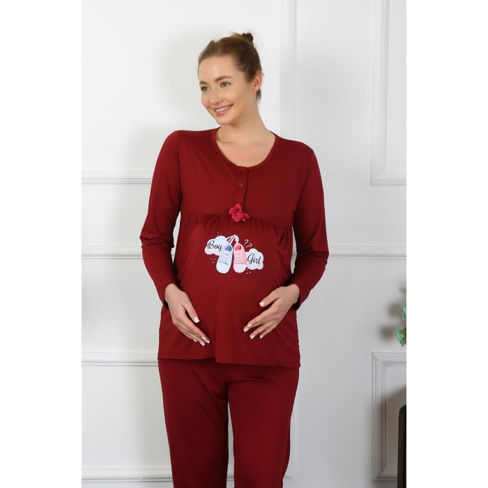 Beruflic Kadın Uzun Kol Hamile Lohusa Pijama Takımı Bordo 45501