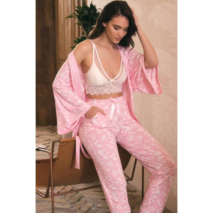 Sabahlık Balensiz Desteksiz Dolgusuz Dantelli Bralet Sütyen Ve Pantolon Pijama 3lü Takım 5662