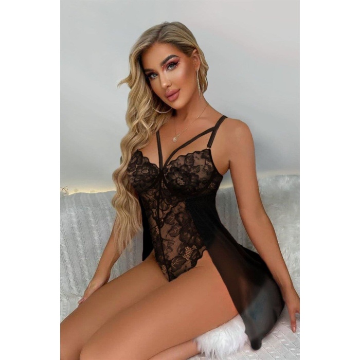 Beruflic siyah Özel Bölgesi Açık Babydoll Gecelik 66066