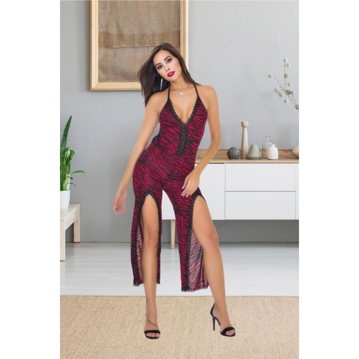 Kadın Zebra Desen Bordo Seksi Dantelli Askılı Tulum Gecelik Pijama Gecelik