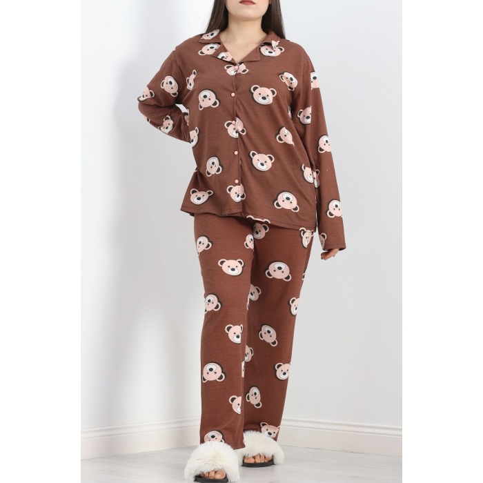 Baskılı Battal Pijama Takımı Koyubej