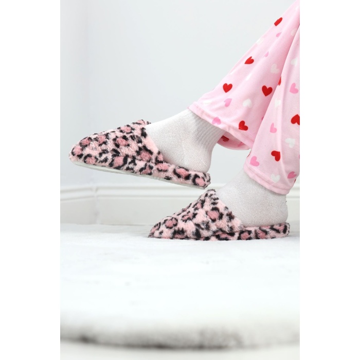 Leopar Desenli Peluş Terlik Pembe