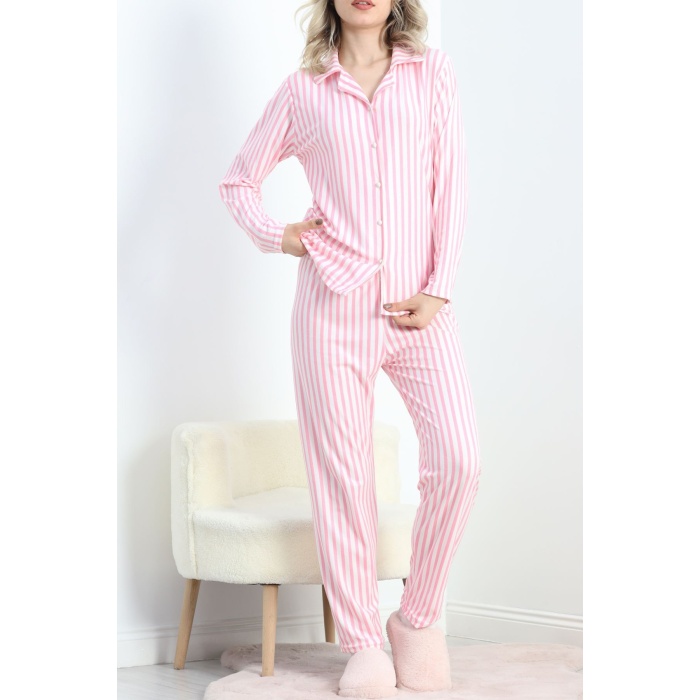 Süet Pijama Takımı Çizgilipembe