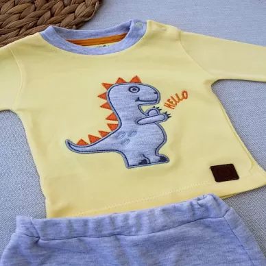 3-6 6-9 9-12 Ay Minik Dino Nakışlı Şapkalı Uzun Kollu Sweat 3lü Kız-erkek Bebek Takımı Sarı