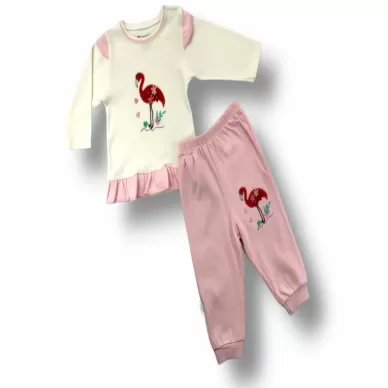 3-6 6-9 9-12 Ay Flamingo Nakışlı Uzun Kollu Sweatli 2li Kız Bebek Takımı Ekru