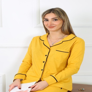 Beruflic Kadın Pamuk Penye Önden Düğmeli Uzun Kol Sarı Pijama Takım 2782