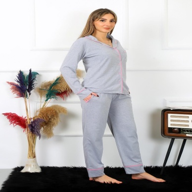 Beruflic Kadın Pamuk Penye Önden Düğmeli Uzun Kol Gri Pijama Takım 2782
