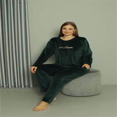 Beruflic Büyük Beden Kadın Kadife Yeşil Pijama Takım 20628