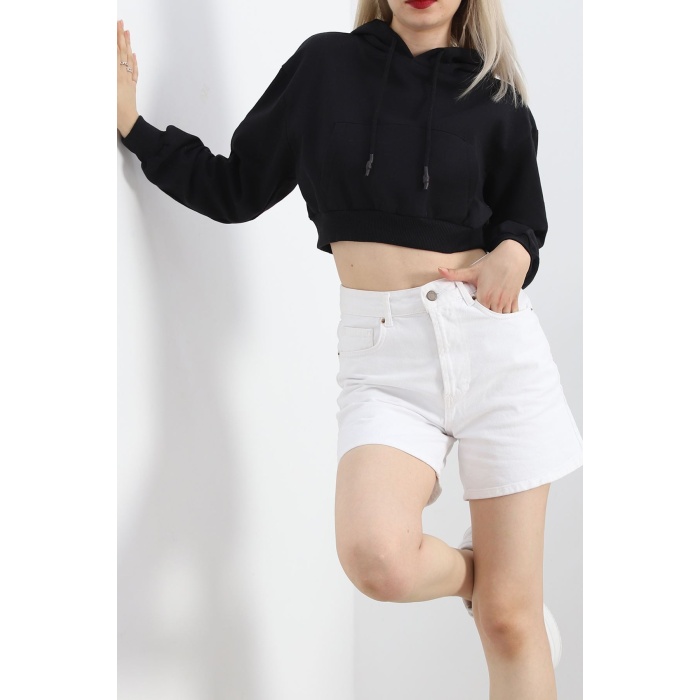 Şardonlu Oversize Crop Sweat Siyah