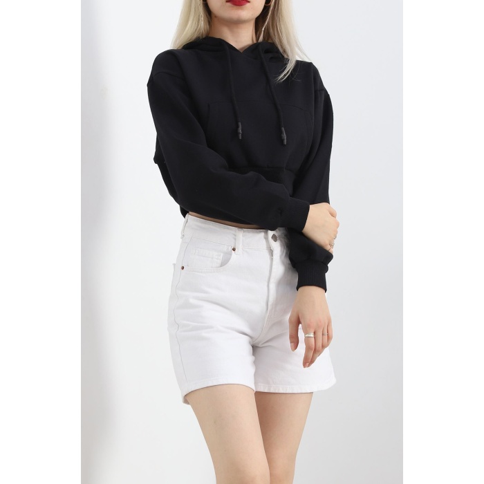 Şardonlu Oversize Crop Sweat Siyah