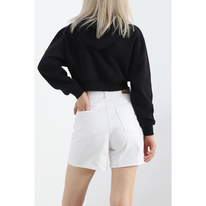 Şardonlu Oversize Crop Sweat Siyah