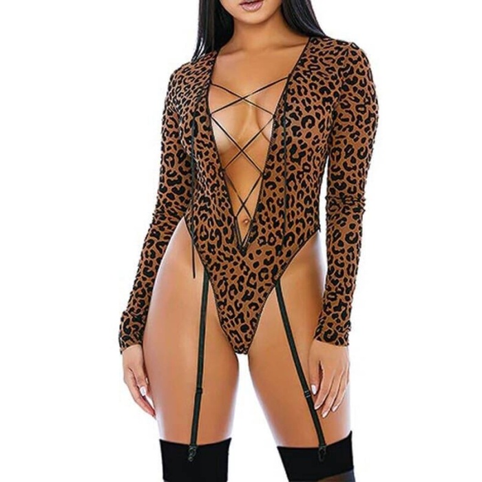 Leopar Desenli Jartiyer İpli Fantazi Body