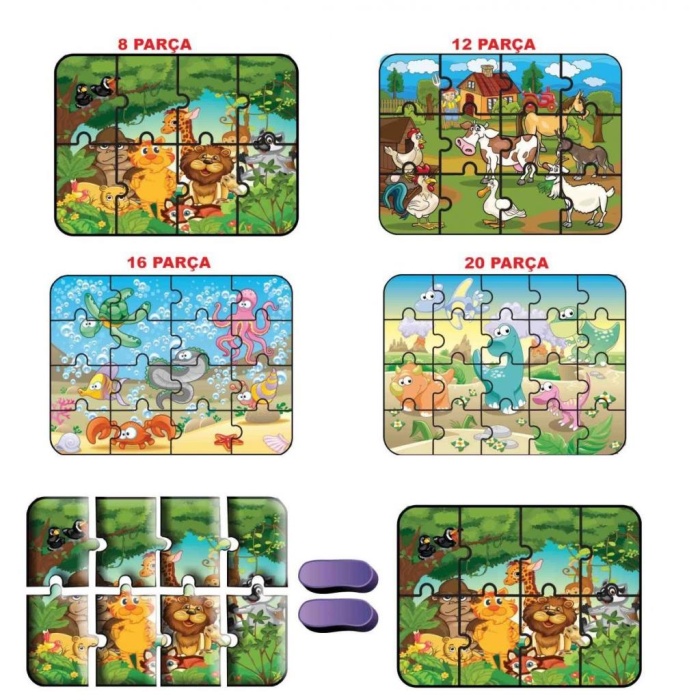 1481 DıyToy Süper Renkli 4lü Puzzle - Hayvanlar / 8+12+16+24 Parça Puzzle