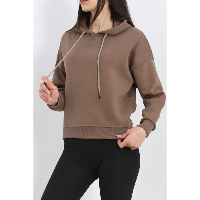 Kapşonlu 3 İplik Crop Sweat Açıkkahve