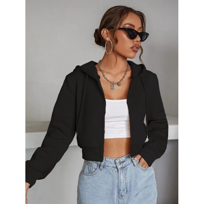 Kadın Siyah Fitted Crop Kapşonlu Zip Fermuarlı Polar Hırka Sweatshirt