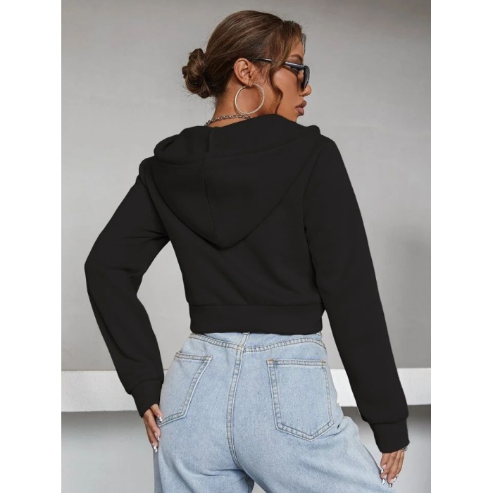 Kadın Siyah Fitted Crop Kapşonlu Zip Fermuarlı Polar Hırka Sweatshirt