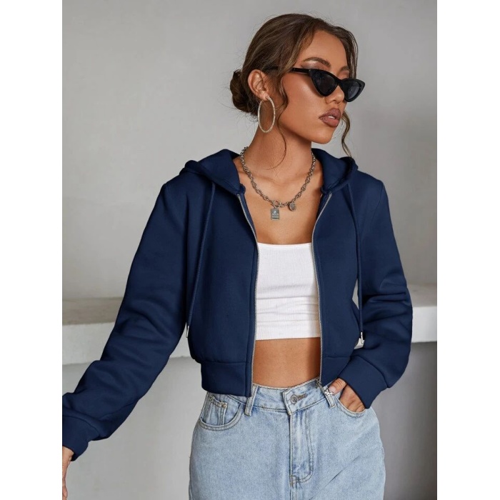 Kadın Lacivert Fitted Crop Kapşonlu Zip Fermuarlı Polar Hırka Sweatshirt