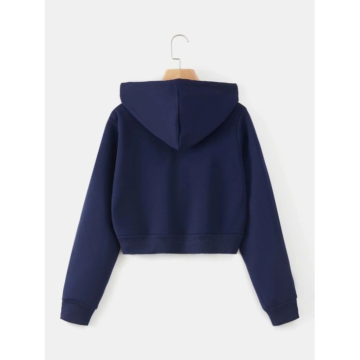 Kadın Lacivert Fitted Crop Kapşonlu Zip Fermuarlı Polar Hırka Sweatshirt