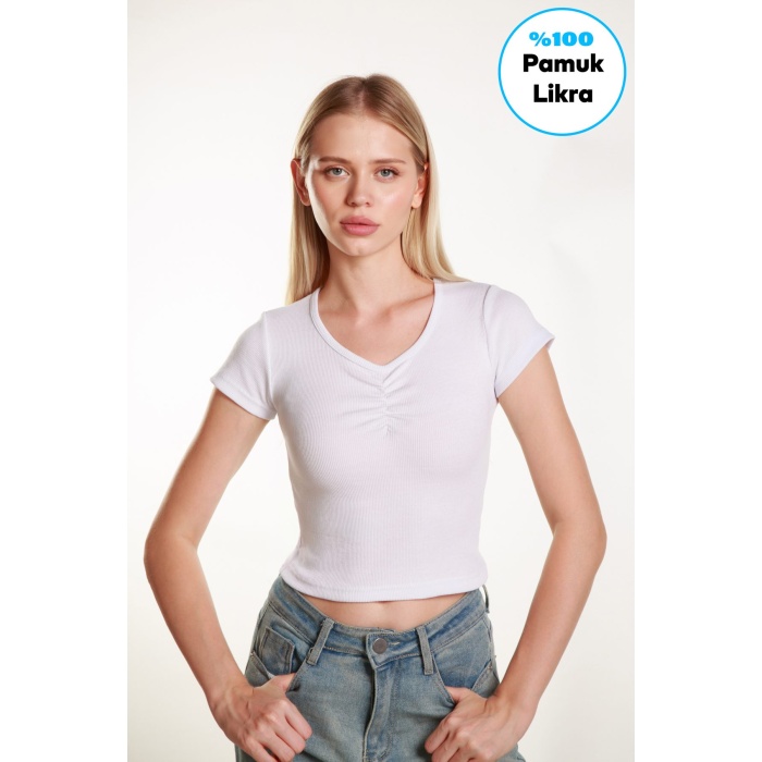 Kadın Crop Ön  Yaka  Büzgülü Fitilli Likralı  Kollu Atlet Tshirt