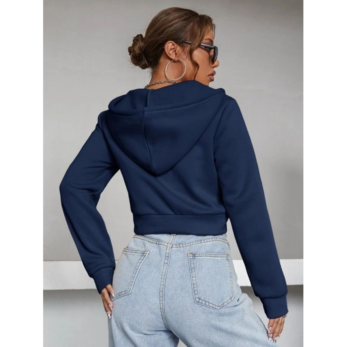 Kadın Lacivert Fitted Crop Kapşonlu Zip Fermuarlı Polar Hırka Sweatshirt