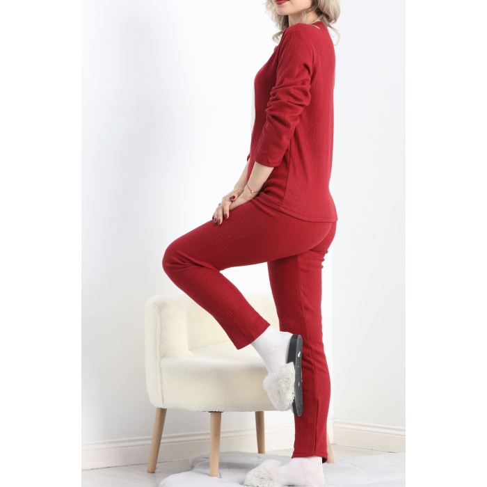 Nakışlı Fitilli Pijama Takımı Bordo1