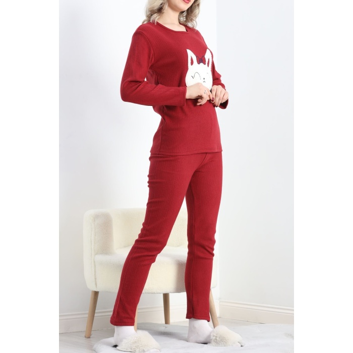 Nakışlı Fitilli Pijama Takımı Bordo1