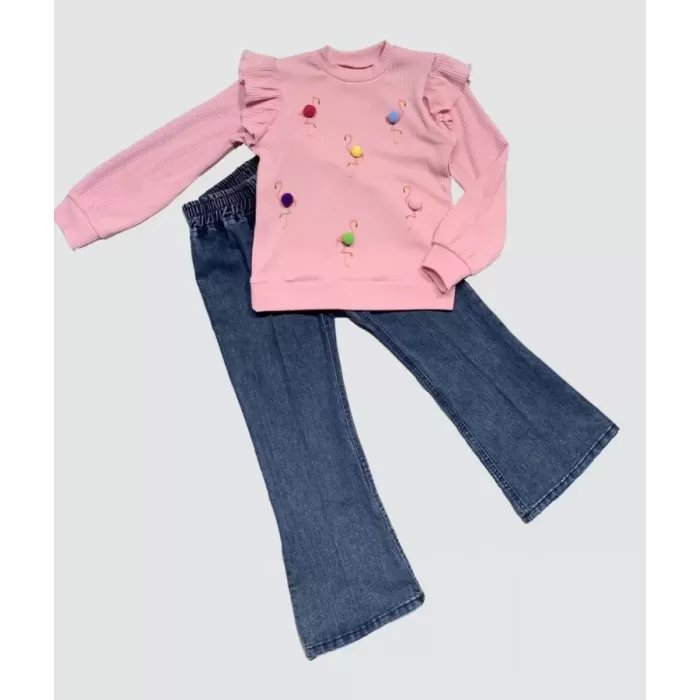 Kot Pantolonlu Flamingo Desenli Penye Sweat Uzun Kollu 2li Kız Çocuk Takımı Pembe