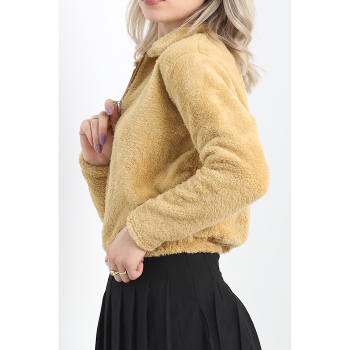 Fermuarlı Crop Peluş Sweat Camel