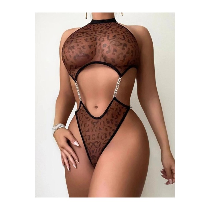 Kadın Seksi Leopar Desen Kahverengi Bodysuit Zincir Aksesuarlı Özel Gece Giyim Babydoll