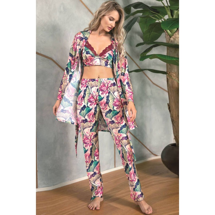 Floral Desenli Bralet Sütyenli Saten Pijama Sabahlık Takımı 5627